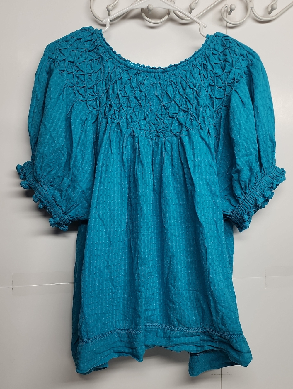 SUNDANCE Teal Smocked Button Peasant Top XXL Adorable Feminine Beautiful Boho - Picture 6 of 9